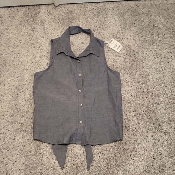 Blue button down tie back shirt. Size: S - Picture 1 of 5